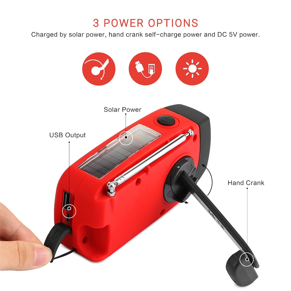 Portable Solar Radio FM Hand Crank Self Powered Phone Charger 3 LED Flashlight AM/FM/WB Radio Waterproof Emergency Survival
