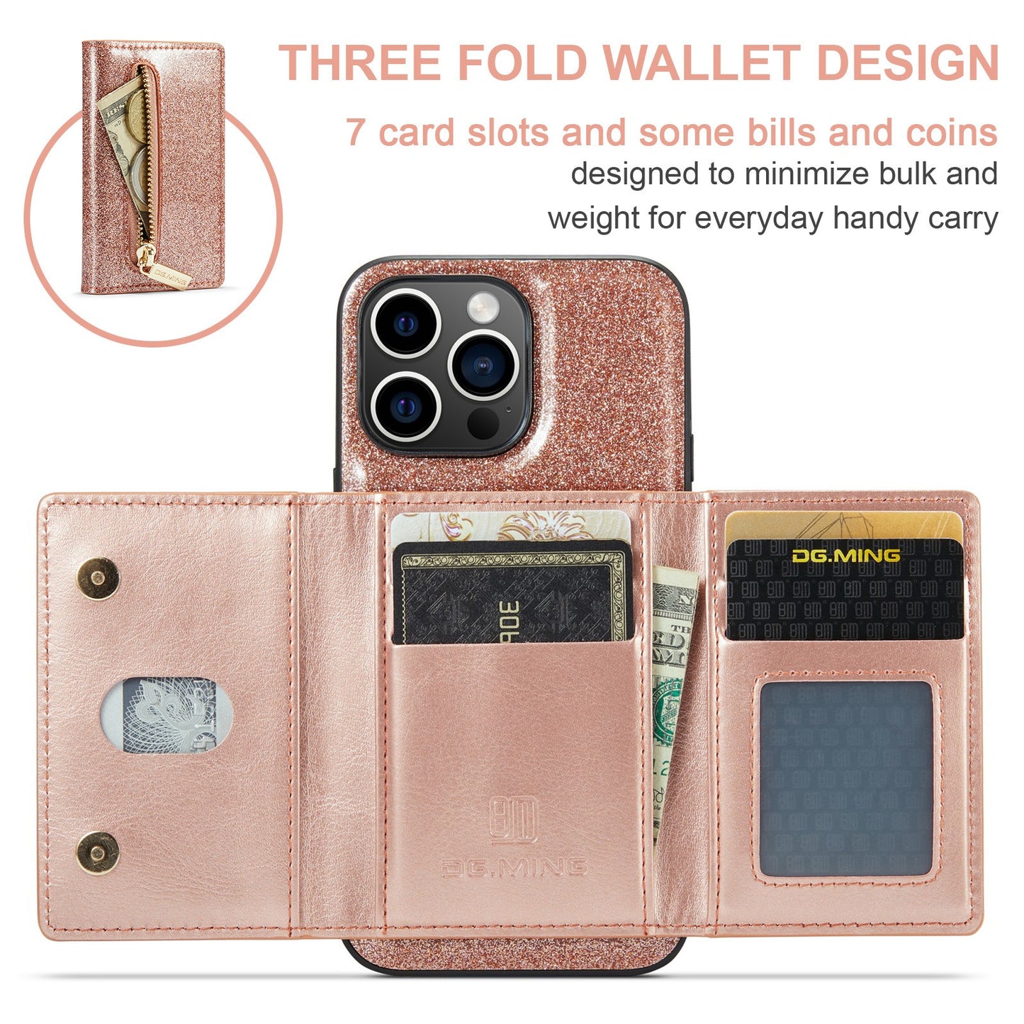 M3 para iPhone 14 Pro Max Glitter Wallet funda protectora iPhone 14 Pro dos en una funda magnética para teléfono
