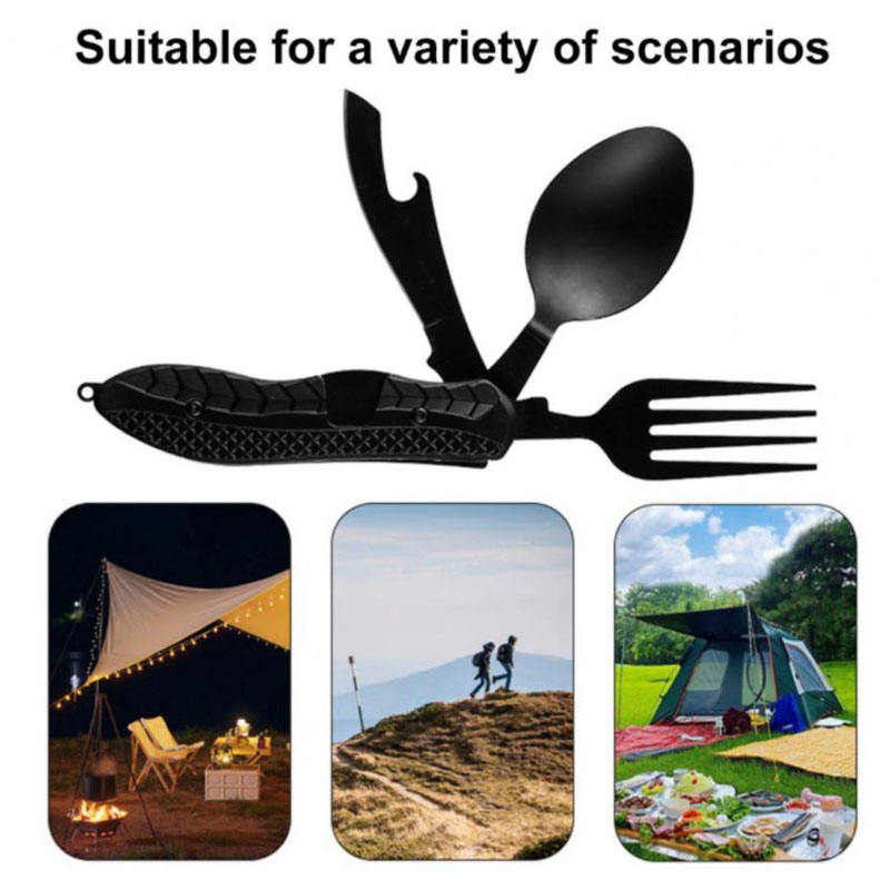 Vajilla multifuncional para acampar cuchillo de acero inoxidable tenedor cuchara, herramientas portátiles de supervivencia para comer al aire libre 