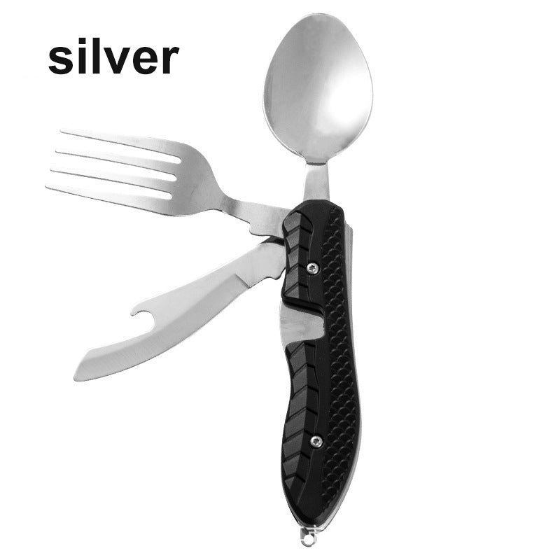 Vajilla multifuncional para acampar cuchillo de acero inoxidable tenedor cuchara, herramientas portátiles de supervivencia para comer al aire libre 