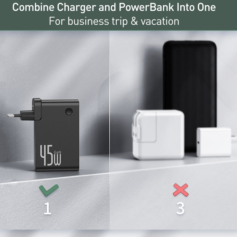 Baseus GaN Power Bank Charger 10000mAh 45W USB C PD Fast Charging 2 in 1 Charger & Battery as One ForiP 11 Pro Laptop ForXiaomi