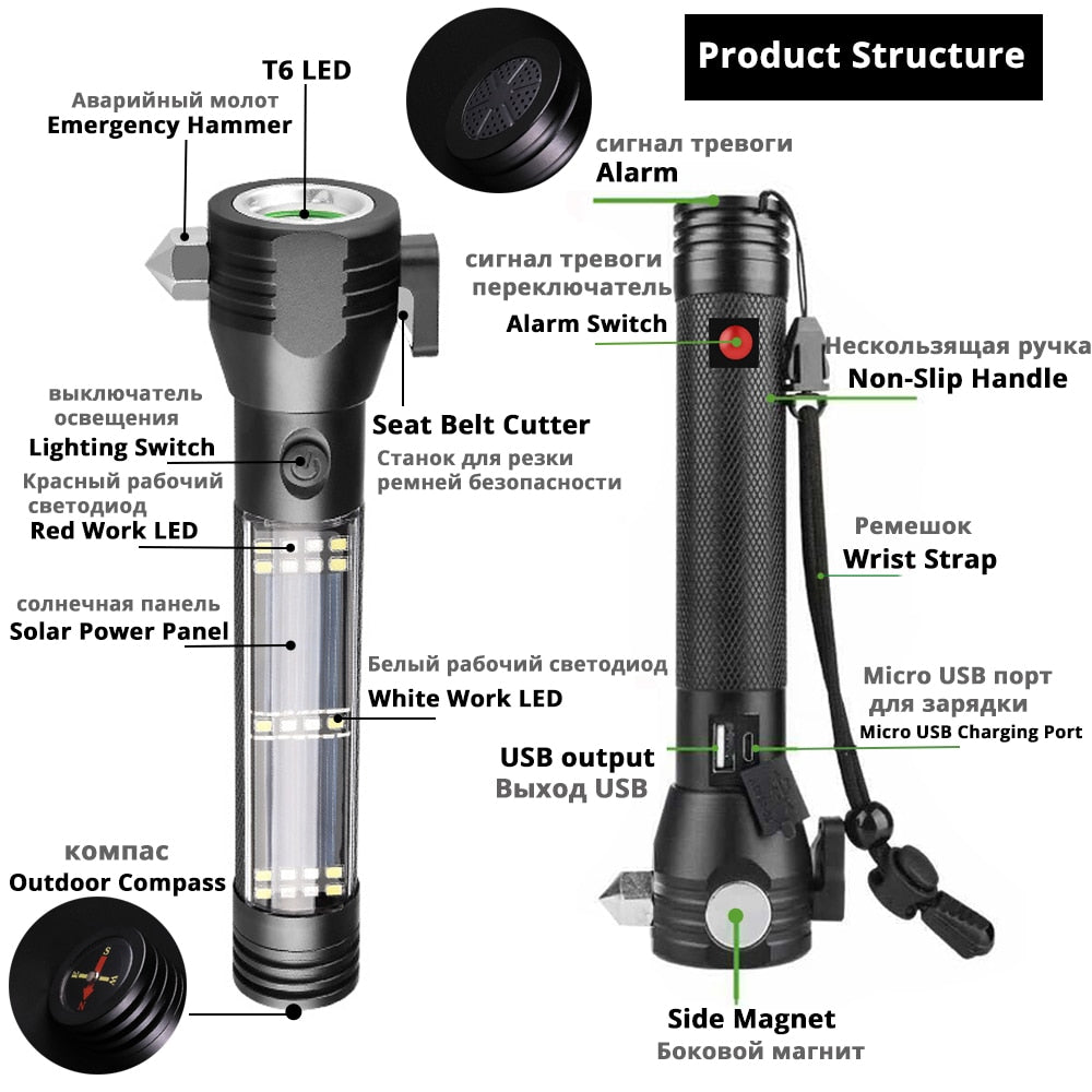 USB Rechargeable Solar LED Flashlight Multi-function Emergency Torch Safety Hammer Mobile Power Compass for Outdoor Activities