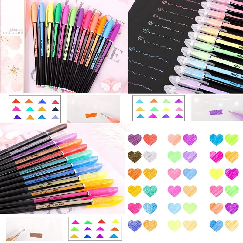 Haile 12/24Pcs Metallic Glitter Colors Gel Pens For School Office Adult Coloring Book Journals Drawing Art Markers Promotion Pen