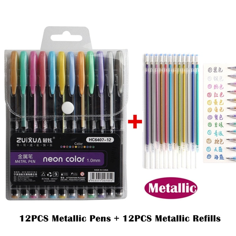 Haile 12/24Pcs Metallic Glitter Colors Gel Pens For School Office Adult Coloring Book Journals Drawing Art Markers Promotion Pen